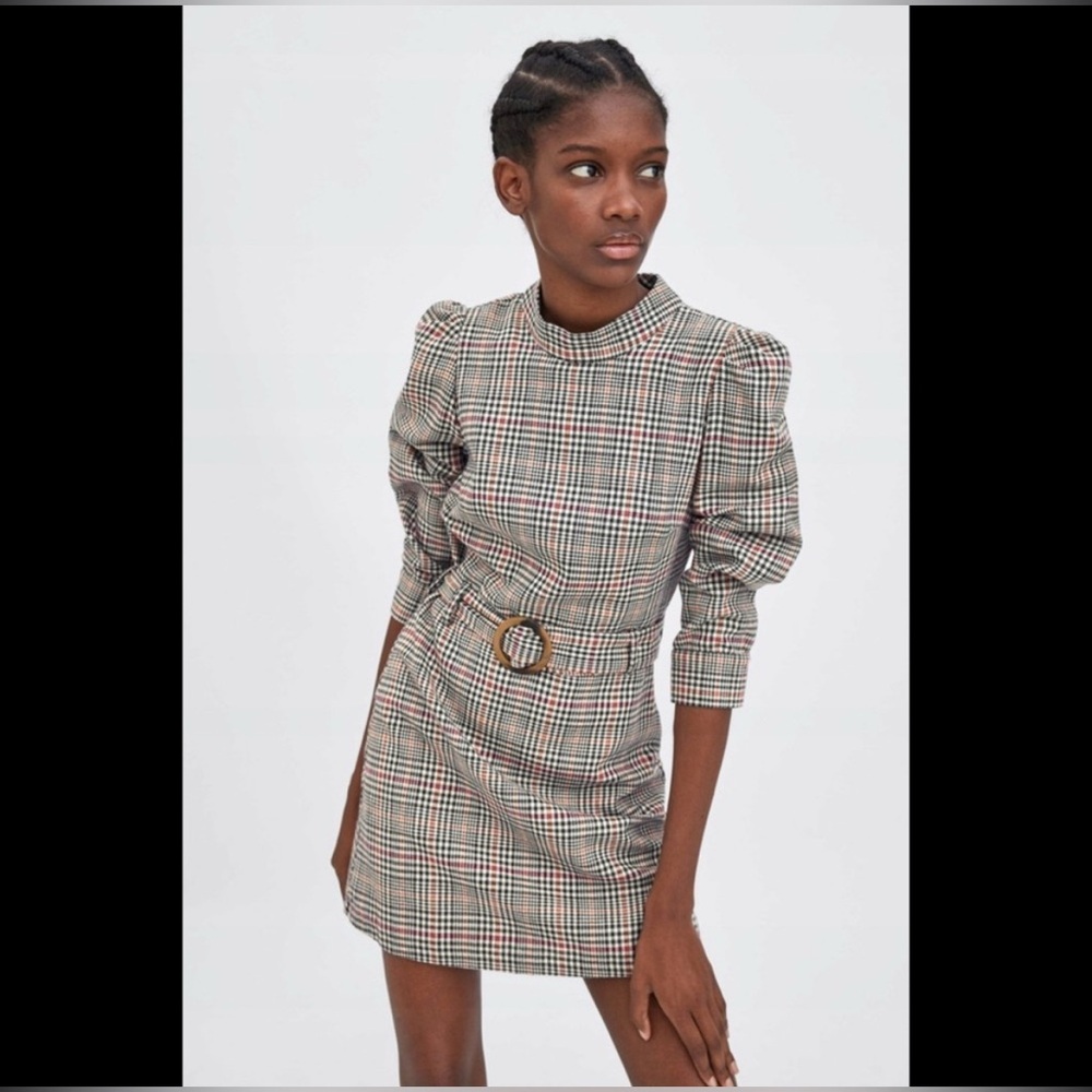 Zara Brown Plaid Checkered Mini Dress Belted Mock Neck Cottage Academia Small